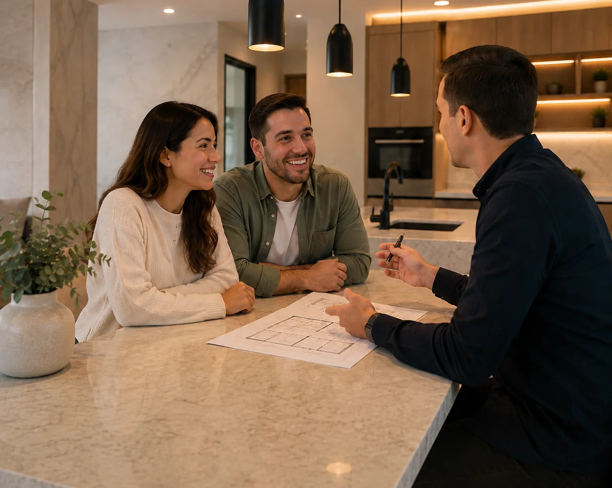 Asesor de INNOVAPRO revisando los planos de la remodelación con una pareja de clientes